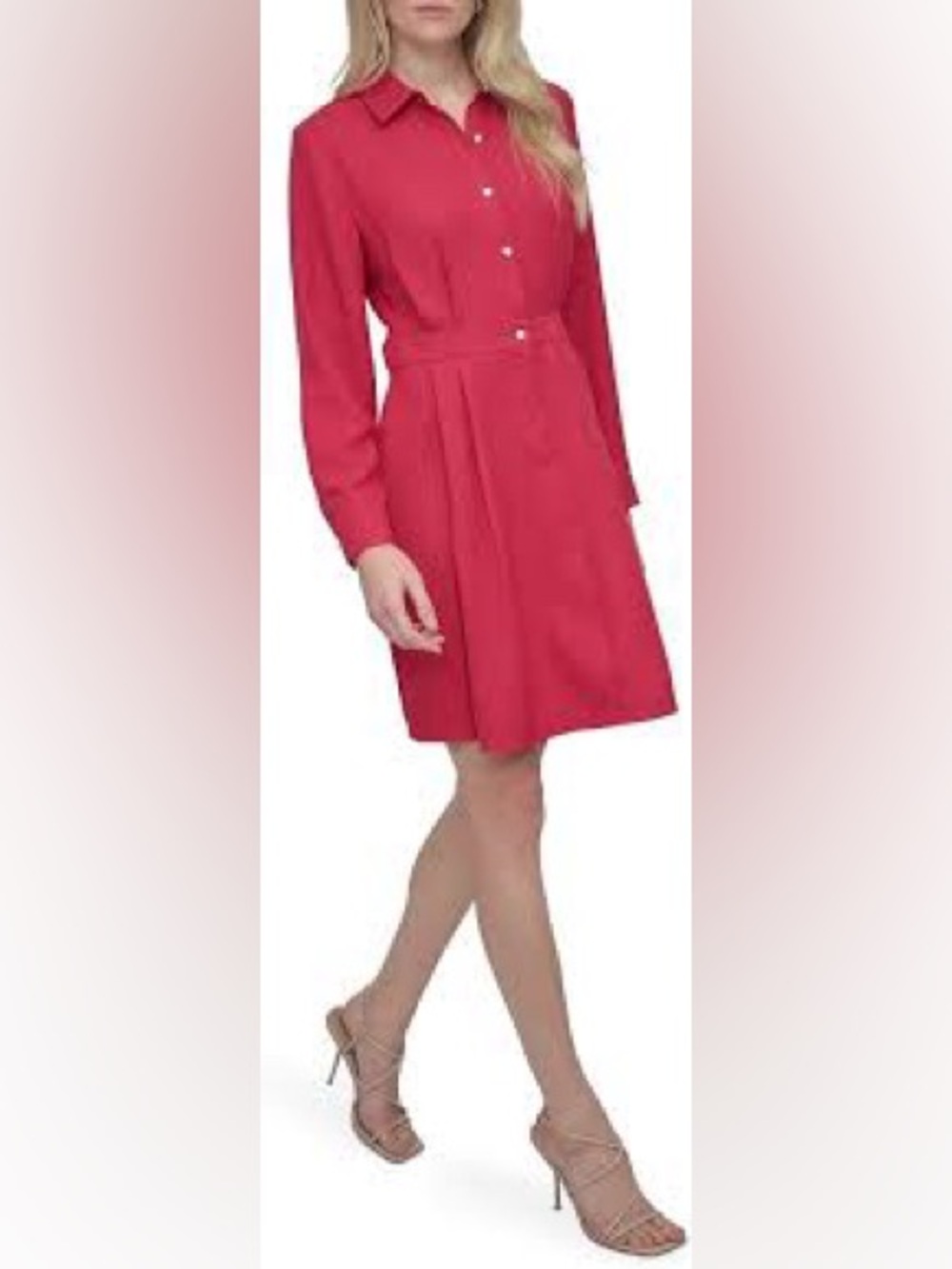 DKNY Red Shirtwaist Belted Long-Sleeve Dress
